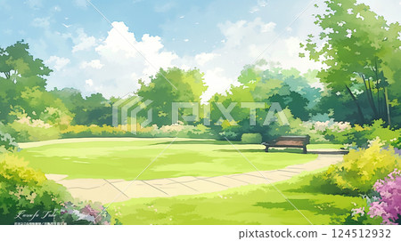 A watercolor landscape illustration of a peaceful park with trees and flowers 124512932