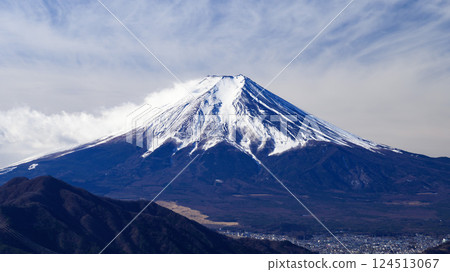 (Yamanashi Prefecture) A spectacular view of Mt. Fuji and the cityscape in winter from Mt. Takakawa 124513067
