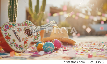 Mexican fiesta scene with guitar, sombrero, and colorful decorations 124513532