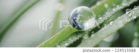 Earth Day concept with globe in Water droplet reflecting sky and trees on green leaf, nature background 124513588