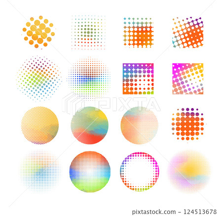 Halftone dot background set of round colored elements. hand drawing. Not AI, Vector illustration. 124513678