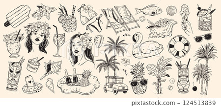 Tropical Hawaii summer exotic doodle set, vector hand drawn beach rest party cocktail illustration.  124513839