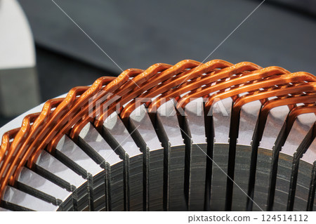 Close up scene the bar wound stator parts  for electric car motor. 124514112