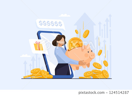 Woman on phone screen with piggy bank and pile of money, concept of profitable investment of money, income growth, budget saving, winning. Flat cartoon vector illustration. Woman on phone screen with piggy bank and pile of money, concept of profitable investment of money, income growth, budget saving, winning. Flat cartoon vector illustration. 124514287