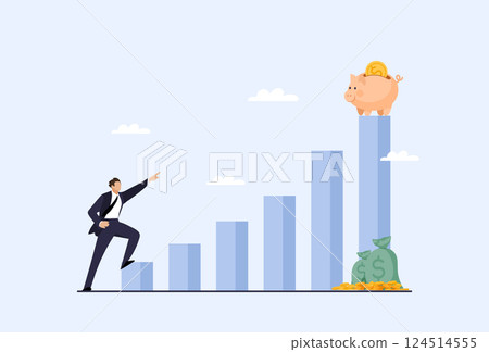 Businessman sets a goal about business development and income growth, man strives forward and upward on the growing graph to the piggy bank, banner. Flat vector illustration. 124514555