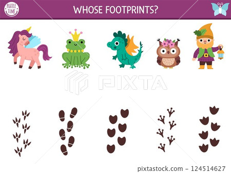 Woodland fairy matching activity with magical creatures and their footprints. Fantasy forest puzzle with unicorn, dragon, frog prince, owl, dwarf, foot prints. Match objects game. Fairytale match up 124514627