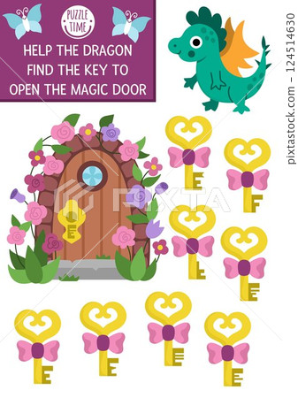 Woodland fairy matching activity with dragon looking for the key to open the magic door. Magic forest puzzle with fantasy animal. Fairytale match up game or page with enchanted garden lock Woodland fairy matching activity with dragon looking for the key to open the magic door. Magic forest puzzle with fantasy animal. Fairytale match up game or page with enchanted garden lock 124514630