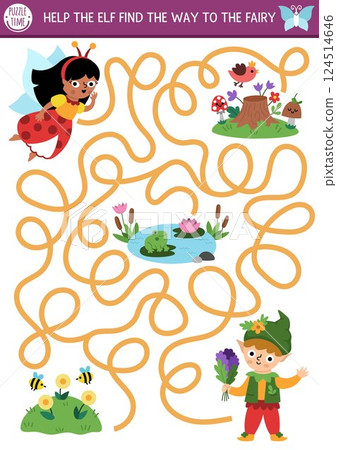 Fun maze for kids with elf searching the way to fairy bug. Fairytale princess printable activity with cute girl with wings. Magic forest, woodland labyrinth game, puzzle with date concept, meadow Fun maze for kids with elf searching the way to fairy bug. Fairytale princess printable activity with cute girl with wings. Magic forest, woodland labyrinth game, puzzle with date concept, meadow 124514646