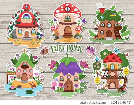 Vector fairy house sticker pack. Woodland princess home patches collection. Fantasy forest cottages illustrations. Magic fairytale creature dwelling shaped as berry, flower, mushroom, treehouse 124514647