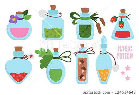 Vector magic potion icons set. Cute glass jars collection with elixir or brew. Woodland princess, fairy or witch clipart pack. Fantasy forest illustration. Magic fairytale drink with berry, flower, Vector magic potion icons set. Cute glass jars collection with elixir or brew. Woodland princess, fairy or witch clipart pack. Fantasy forest illustration. Magic fairytale drink with berry, flower, 124514648
