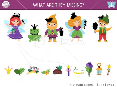 Woodland fairy matching activity with fantasy creature and missing objects. Magic forest puzzle with princess, frog, dwarf, elf. Fairytale match up page, printable worksheet with wand, bouquet, hat Woodland fairy matching activity with fantasy creature and missing objects. Magic forest puzzle with princess, frog, dwarf, elf. Fairytale match up page, printable worksheet with wand, bouquet, hat 124514654