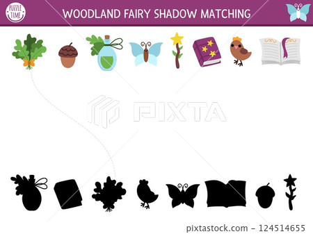 Woodland fairy shadow matching activity with fantasy objects. Magic forest puzzle with wand, spell book, potion. Find correct silhouette printable worksheet, game. Fairytale page for kid 124514655