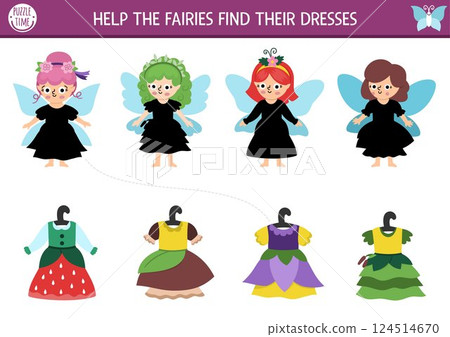 Woodland fairy matching activity with little girls with wings and missing dresses. Magic forest puzzle with flower, berry, mushroom princess, clothes. Fairytale match up page, printable worksheet Woodland fairy matching activity with little girls with wings and missing dresses. Magic forest puzzle with flower, berry, mushroom princess, clothes. Fairytale match up page, printable worksheet 124514670