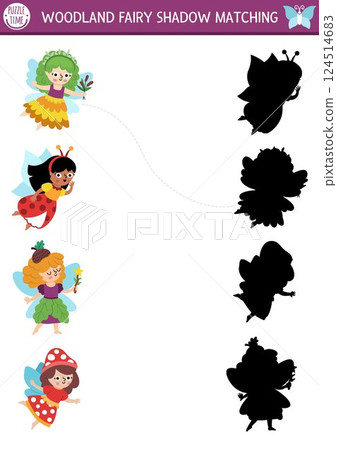 Woodland fairy shadow matching activity with little girl. Magic forest puzzle with cute mushroom, acorn princess. Find correct silhouette printable worksheet, game. Fairytale fantasy page for kid 124514683