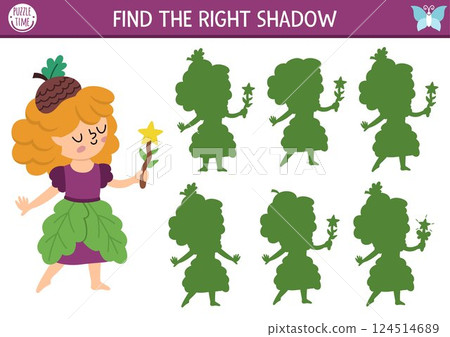 Woodland fairy shadow matching activity with little girl. Magic forest puzzle with cute acorn princess. Find correct silhouette printable worksheet, game. Fairytale fantasy page for kid Woodland fairy shadow matching activity with little girl. Magic forest puzzle with cute acorn princess. Find correct silhouette printable worksheet, game. Fairytale fantasy page for kid 124514689
