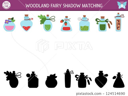 Woodland fairy shadow matching activity with magic potion. Fantasy forest puzzle with berry, flower, love elixir or drink. Find correct silhouette printable worksheet, game. Fairytale page for kid Woodland fairy shadow matching activity with magic potion. Fantasy forest puzzle with berry, flower, love elixir or drink. Find correct silhouette printable worksheet, game. Fairytale page for kid 124514690