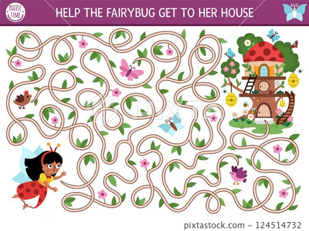 Fun maze for kids with fairy bug going to her house by tree branches. Fairytale princess printable activity with cute girl with wings. Magic forest, woodland labyrinth game, puzzle 124514732