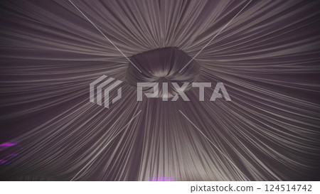 Billowing white fabric draping overhead, creating ethereal wedding decor with soft, romantic ambiance and graceful movement 124514742