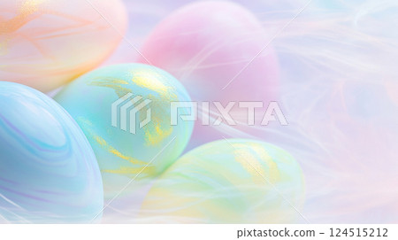 Easter pastel eggs nestled in grass and flowers with soft focus, background Easter pastel eggs nestled in grass and flowers with soft focus, background 124515212