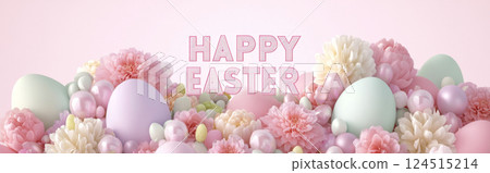 Easter eggs with golden decorations on pink marble background, surrounded by leaves Easter eggs with golden decorations on pink marble background, surrounded by leaves 124515214