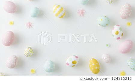 Easter eggs and daisies on white background with copy space 124515215