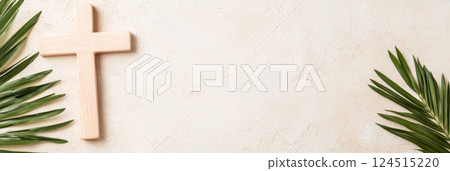 Palm Sunday symbol with wooden cross and green palm leaves, suitable for backgrounds 124515220