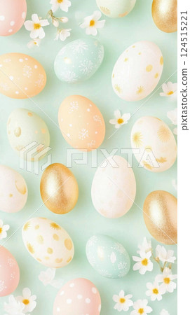 Easter eggs and daisies on pastel mint green backdrop, festive spring background 124515221