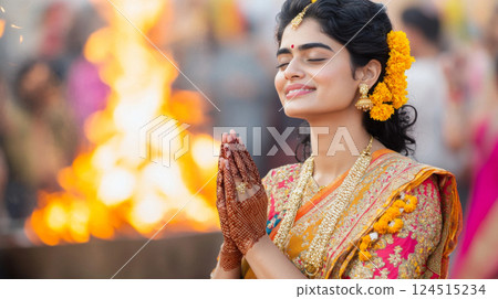Young Indian woman praying by fire during Holika Dahan celebration 124515234
