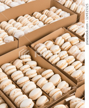 Box of white macarons arranged neatly in elegant packaging, suitable for background Box of white macarons arranged neatly in elegant packaging, suitable for background 124515325