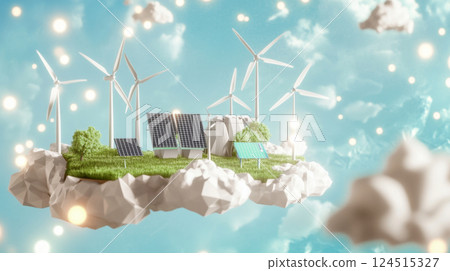 Renewable energy concept with wind turbines and solar panels on floating island 124515327