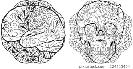 Zentangle stylized brain and sckull on mandalas. Hand drawn decorative vector illustration for coloring Zentangle stylized brain and sckull on mandalas. Hand drawn decorative vector illustration for coloring 124515404