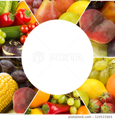 Healthy vegetables and fruit food - collage. Mosaic pattern. Healthy vegetables and fruit food - collage. Mosaic pattern. 124515803