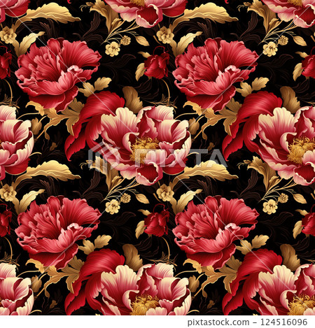 Luxurious seamless pattern with red and gold flowers on a black background 124516096