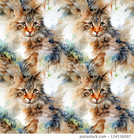 Watercolor pattern featuring realistic fluffy cats with intense gazes 124516097