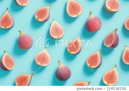 Fresh figs, whole and halved, are evenly placed on a pastel blue background, forming a modern and colorful food pattern Fresh figs, whole and halved, are evenly placed on a pastel blue background, forming a modern and colorful food pattern 124516150