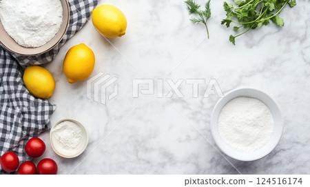 A marble countertop with flour, lemons, tomatoes, and fresh herbs 124516174