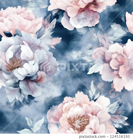 A floral watercolor pattern with peonies in shades of pink and blue, creating a dreamy and ethereal atmosphere 124516193