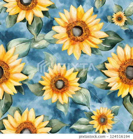 Vibrant watercolor pattern with sunflowers and green leaves against a deep blue background 124516194