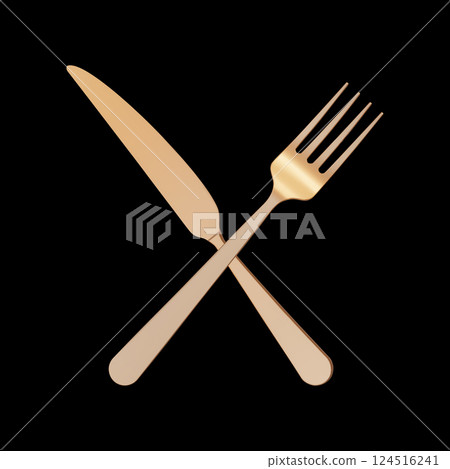3d realistic crossed gold metal fork and metal table knife placed on a black background. Vector illustration. Beautiful gold cutlery 3d realistic crossed gold metal fork and metal table knife placed on a black background. Vector illustration. Beautiful gold cutlery 124516241