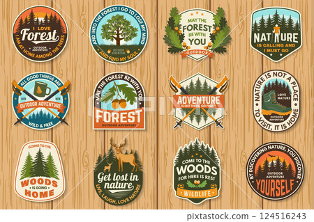 Set of patches design with inspirational adventure quotes. Concept for shirt or logo, print, stamp or tee with oak leaf and acorns, pin forest, coffee or tea mug, hiking poles, deer. Vector Set of patches design with inspirational adventure quotes. Concept for shirt or logo, print, stamp or tee with oak leaf and acorns, pin forest, coffee or tea mug, hiking poles, deer. Vector 124516243
