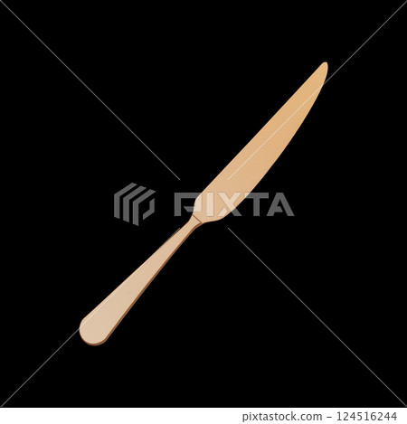3d realistic gold metal table knife isolated on black background. Vector illustration. Beautiful gold cutlery. Shiny golden table knife. 3d realistic gold metal table knife isolated on black background. Vector illustration. Beautiful gold cutlery. Shiny golden table knife. 124516244