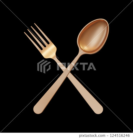 3d realistic crossed gold metal fork and spoon placed on a black background. Vector illustration. Beautiful gold cutlery 3d realistic crossed gold metal fork and spoon placed on a black background. Vector illustration. Beautiful gold cutlery 124516246