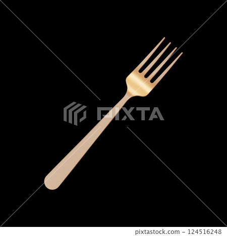 3d realistic gold metal fork isolated on black background. Vector illustration. Beautiful gold cutlery. Shiny golden fork. 3d realistic gold metal fork isolated on black background. Vector illustration. Beautiful gold cutlery. Shiny golden fork. 124516248