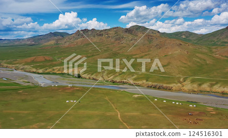 Aerial mountains landscape in Orkhon valley 124516301