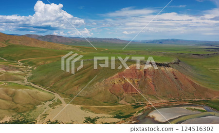 Aerial mountains landscape in Orkhon valley 124516302