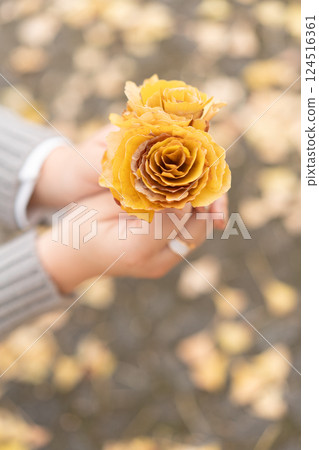 孩子們的手收集銀杏葉，把它們變成花，然後遞給他們 124516361