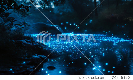 A fantastic sight of fireflies dancing in the forest at night 124516390