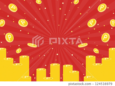 Background material with a large amount of point coins falling, featuring focus lines, confetti, and a point-earning campaign reward vector illustration. 124516979
