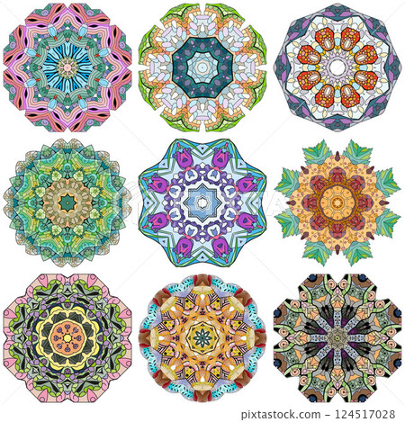Set of colorful cute Mandalas. Decorative unusual round ornaments. 124517028