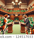 Cute dog and cat debating in a parliamentary meeting 124517033